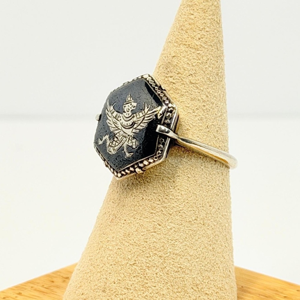Sculptural Vintage 1940s Siam Silver Niello Garuda Hexagon Ring Thailand Sz 7.5